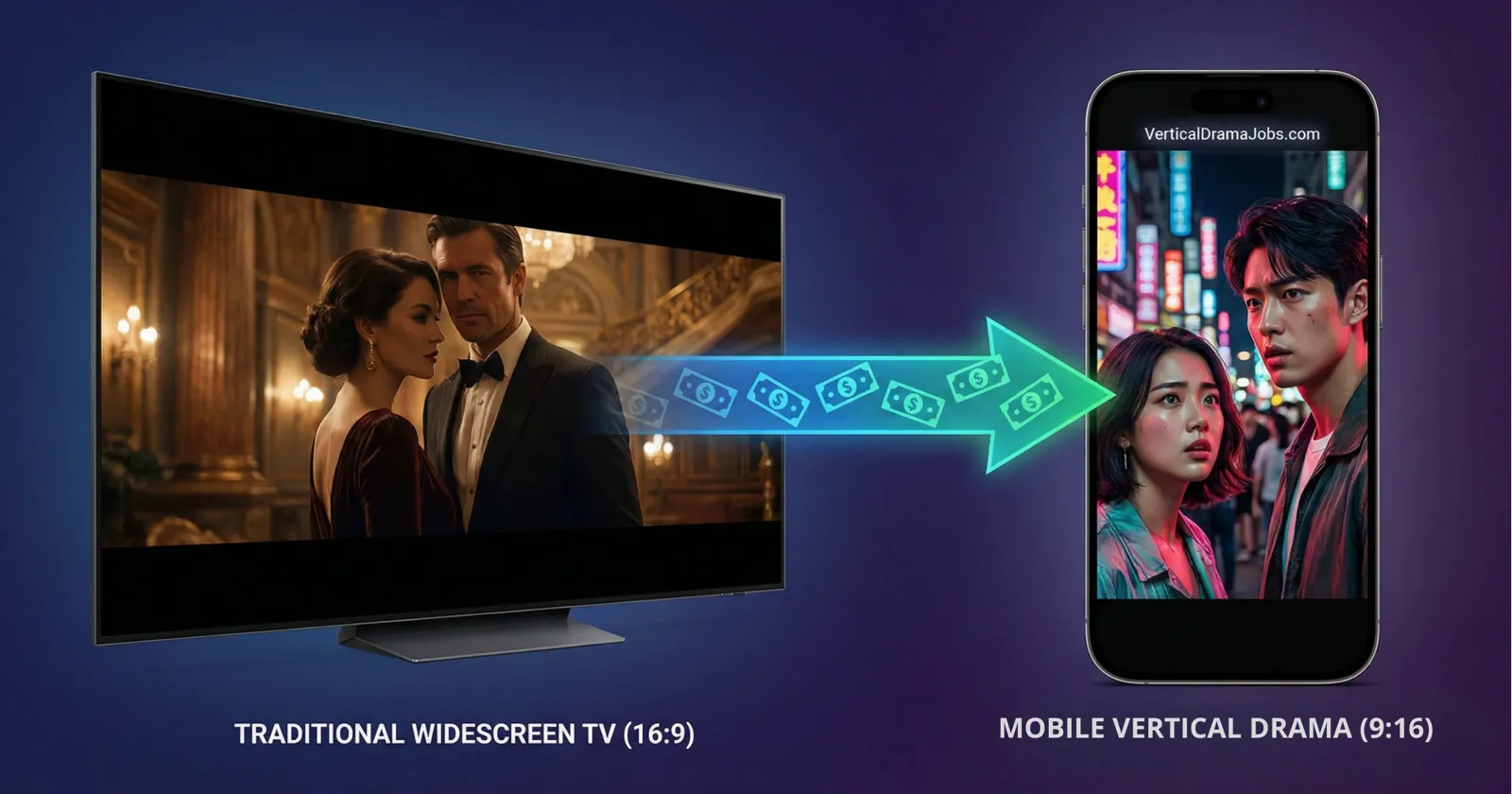 Widescreen TV showing a 16:9 scene with an arrow of dollar bills pointing to a phone showing a 9:16 vertical drama