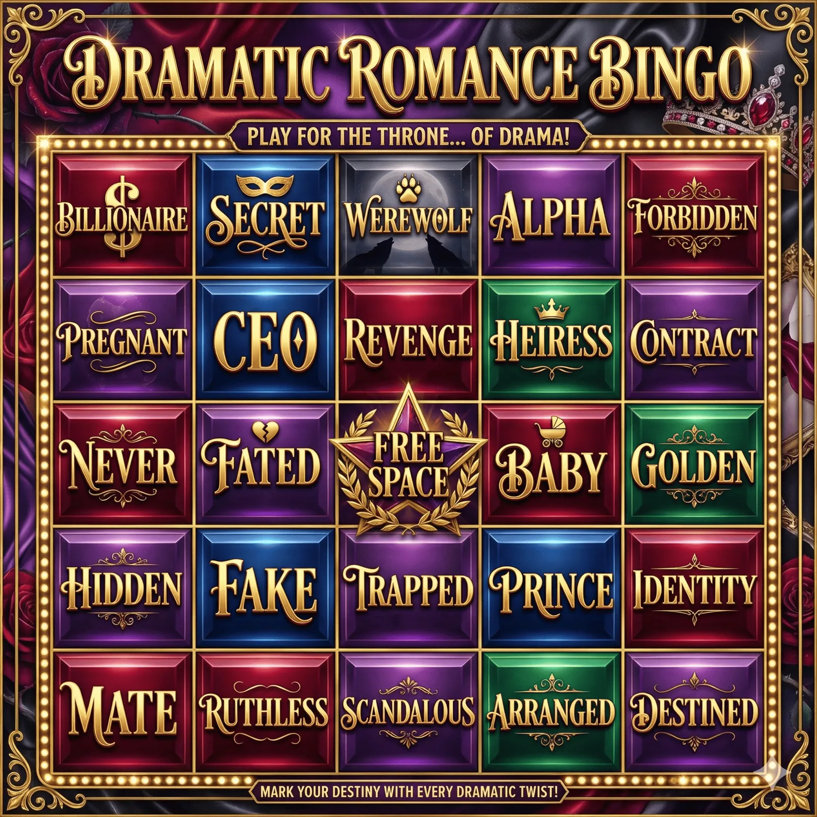 Bingo card titled Dramatic Romance Bingo with tropes like billionaire, werewolf, CEO, revenge and fated