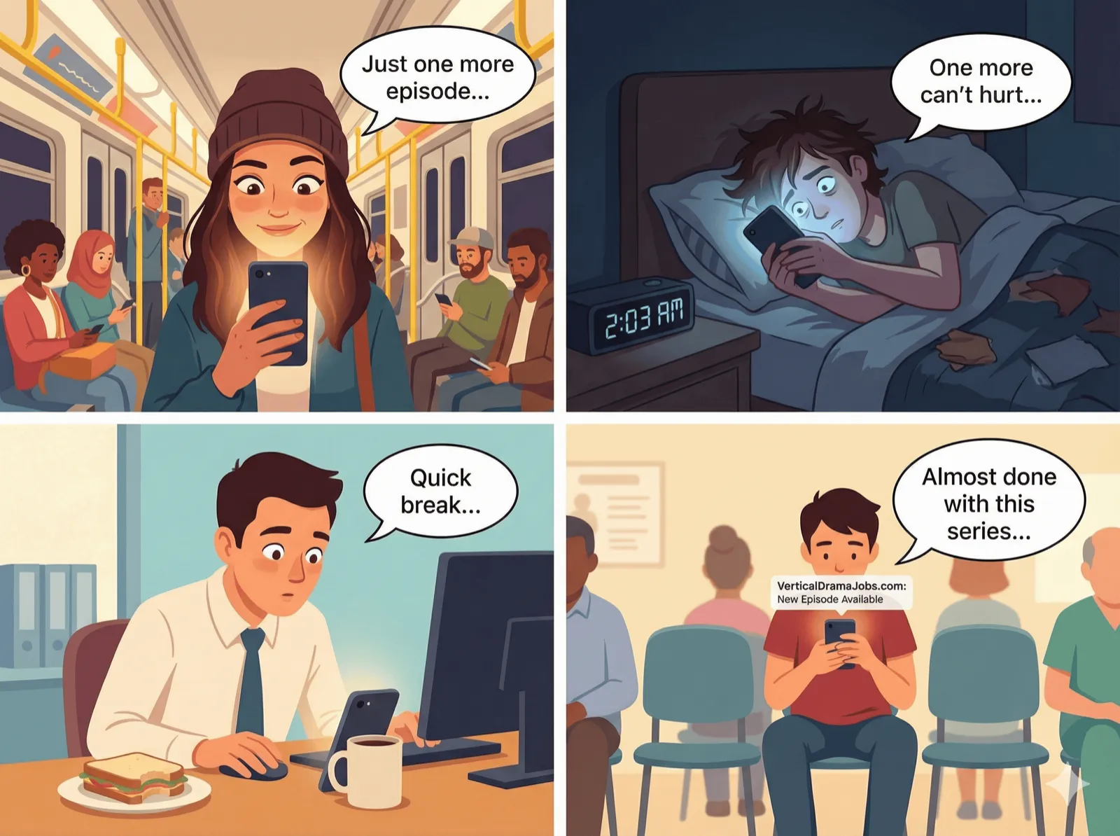 Four-panel comic of people watching episodes on their phones on a train, in bed at 2 AM, at a work desk and in a waiting room