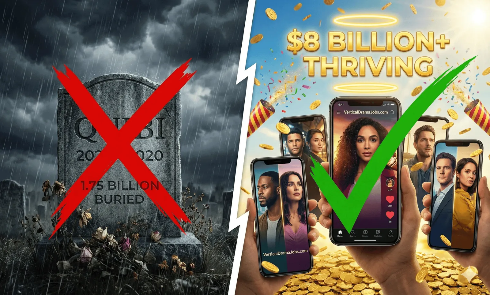 Split image of a Quibi gravestone crossed out and phones showing vertical dramas under the words $8 Billion+ Thriving