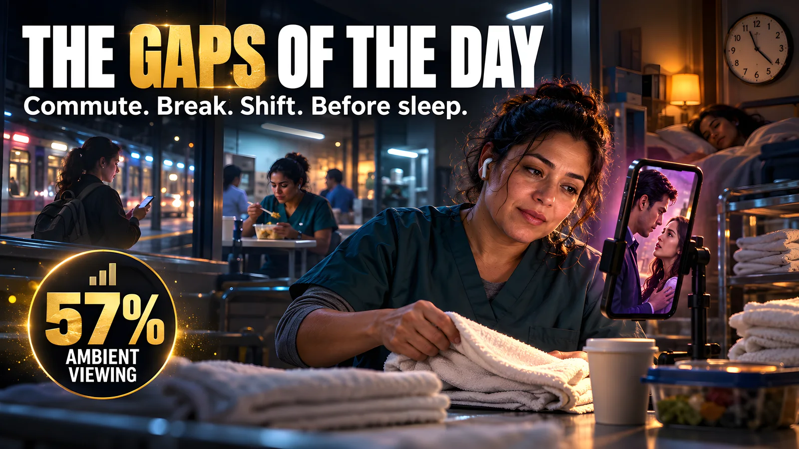 A night-shift worker follows a vertical drama while folding linens, illustrating ambient viewing in the gaps of the day.