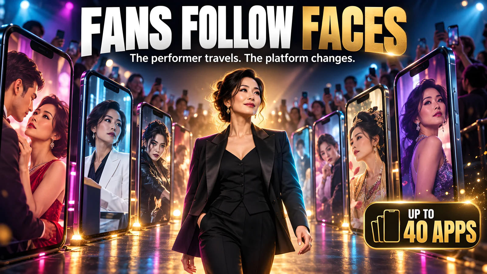 A fictional actor walks through glowing phone screens as fans follow her portrayals across many apps.