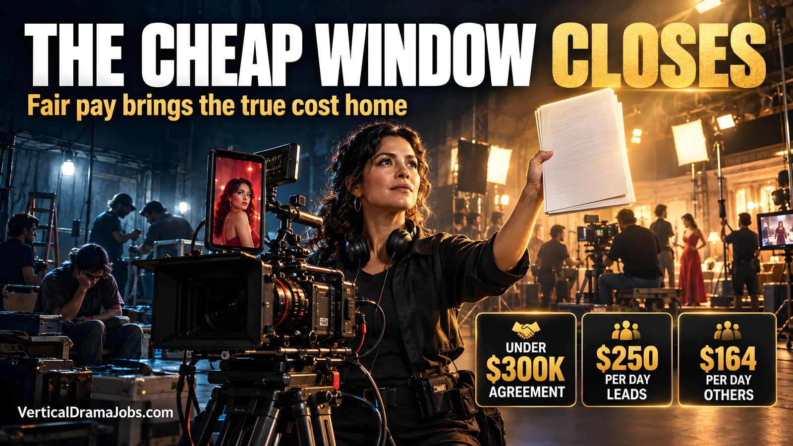 A cinematographer holds up a fair contract as a dim bargain set transforms into a properly staffed professional soundstage.