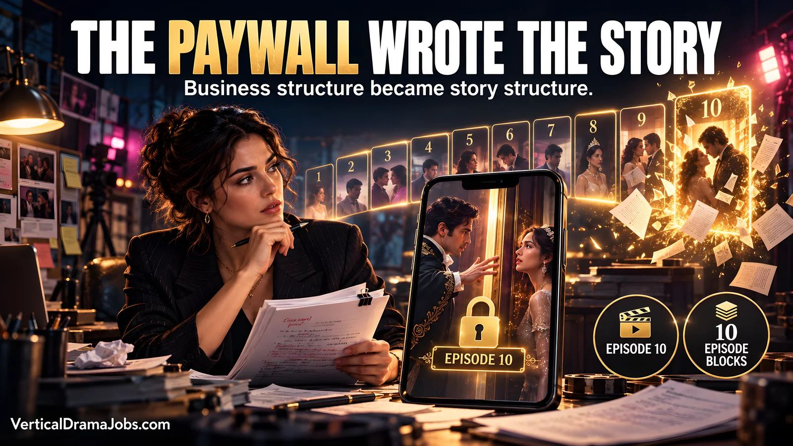 A screenwriter faces a glowing episode ten paywall as ten story cards rise toward a cliffhanger on a vertical phone.
