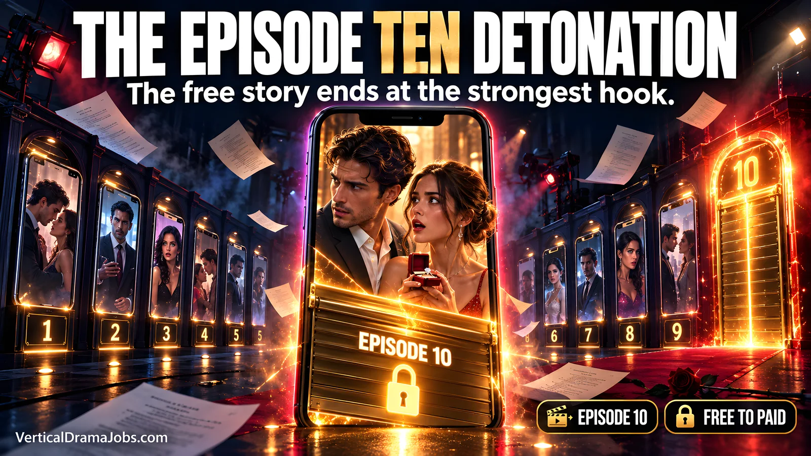 A glowing paywall drops over two fictional lovers at the episode ten cliffhanger on a vertical phone.